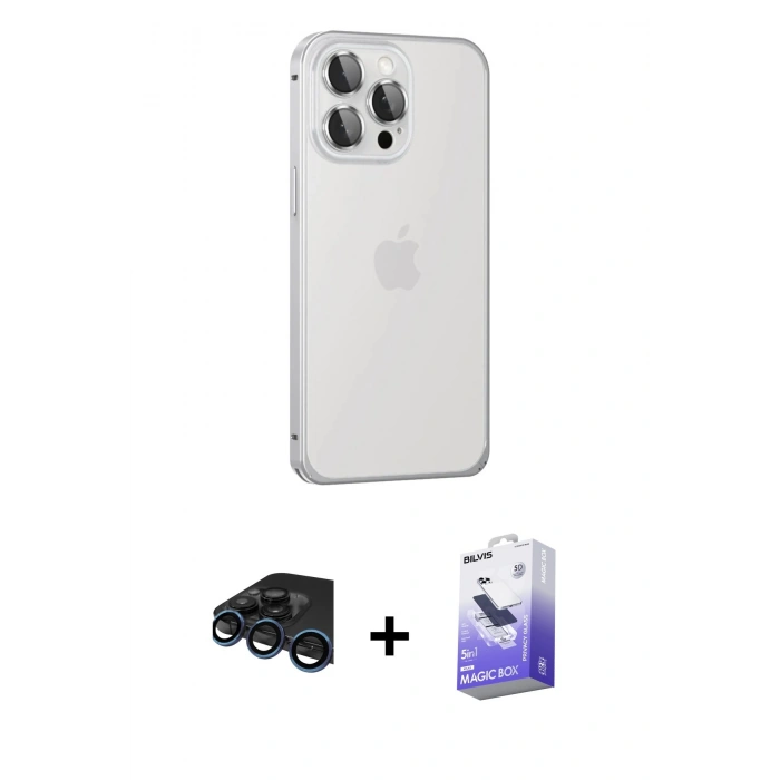 MARSİLYAN™- iPhone 15 Pro Max Kılıf Eksen Form Serisi - Siyah Bilvis 5in1 5D Magic Hayalet Cam Ekran Koruyucu + Raze Metal Kamera Lens - LT