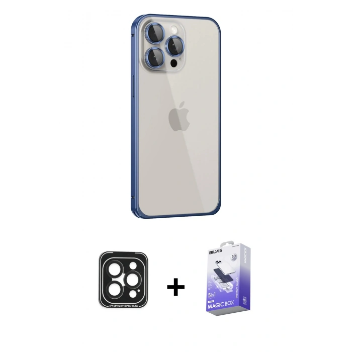 MARSİLYAN™- iPhone 15 Pro Max Kılıf Eksen Form Serisi - Siyah Bilvis 5in1 5D Magic Hayalet Cam Ekran Koruyucu + PVD Metal Kamera Lens - SH