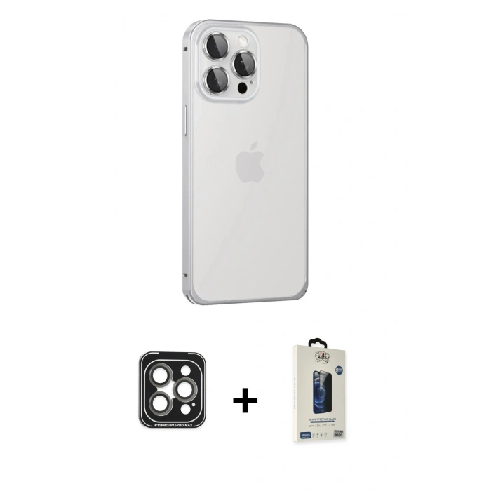 MARSİLYAN™- iPhone 15 Pro Max Kılıf Eksen Form Serisi - Siyah Bilvis Hayalet Cam Ekran Koruyucu + PVD Metal Kamera Lens - GI