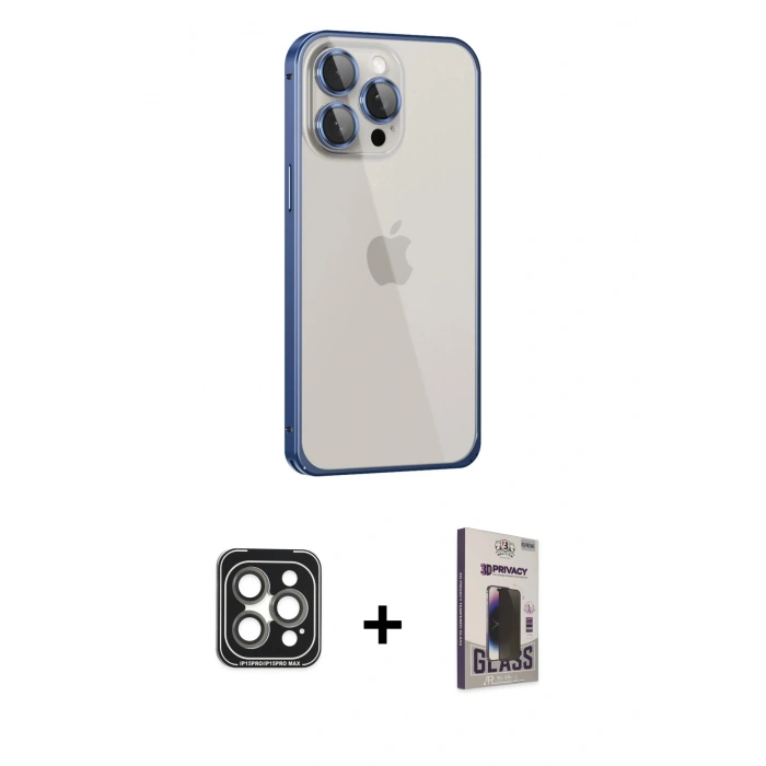 MARSİLYAN™- iPhone 15 Pro Max Kılıf Eksen Form Serisi - Siyah Bilvis Hayalet Cam Ekran Koruyucu + Gri PVD Metal Kamera Lens