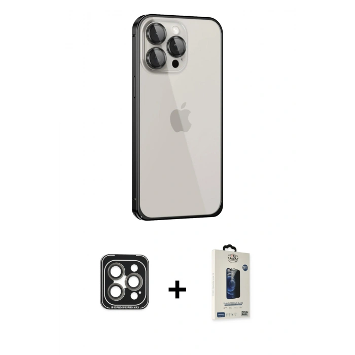 MARSİLYAN™- iPhone 15 Pro Max Kılıf Eksen Form Serisi - Siyah Bilvis Hayalet Cam Ekran Koruyucu + PVD Metal Kamera Lens - GI