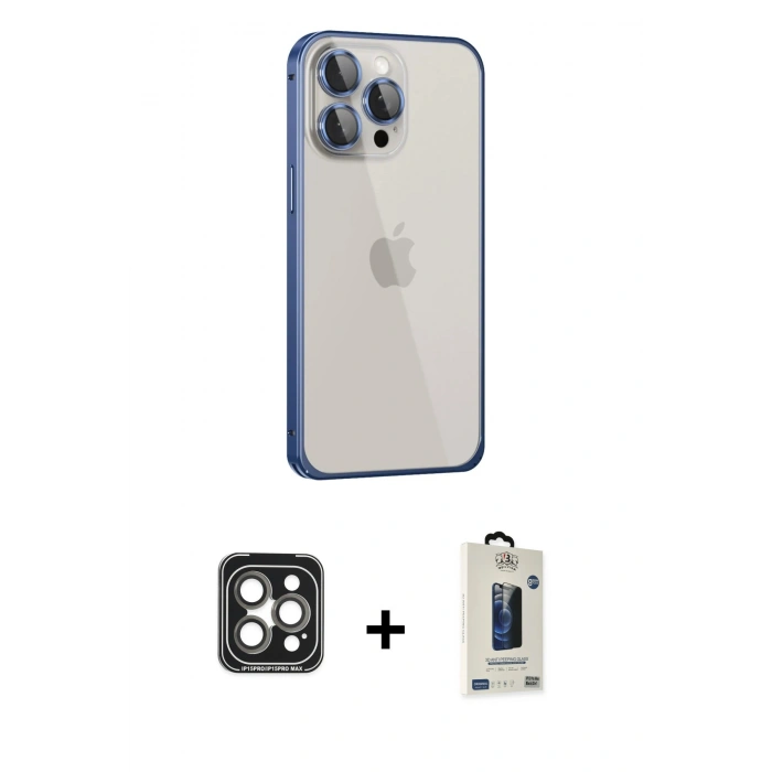 MARSİLYAN™- iPhone 15 Pro Max Kılıf Eksen Form Serisi - Siyah Bilvis Hayalet Cam Ekran Koruyucu + PVD Metal Kamera Lens - GI