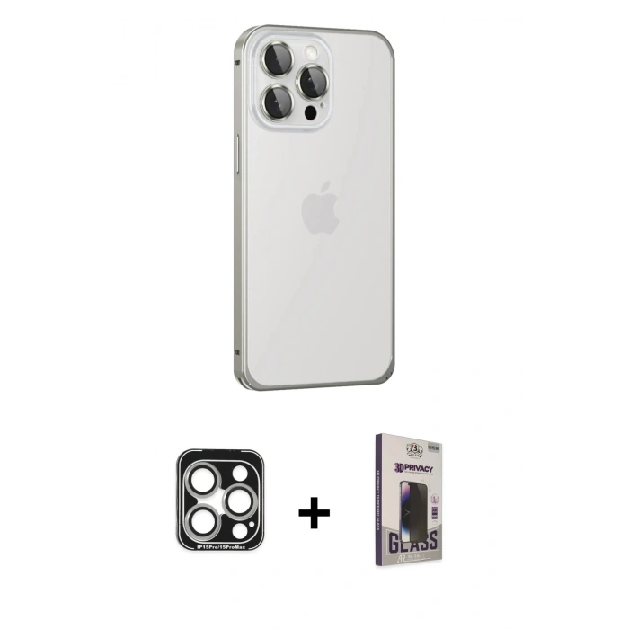 MARSİLYAN™- iPhone 15 Pro Max Kılıf Eksen Form Serisi - Siyah Bilvis Hayalet Cam Ekran Koruyucu + Gümüş PVD Metal Kamera Lens