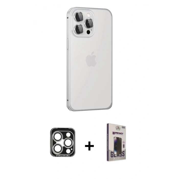 MARSİLYAN™- iPhone 15 Pro Max Kılıf Eksen Form Serisi - Siyah Bilvis Hayalet Cam Ekran Koruyucu + Gümüş PVD Metal Kamera Lens