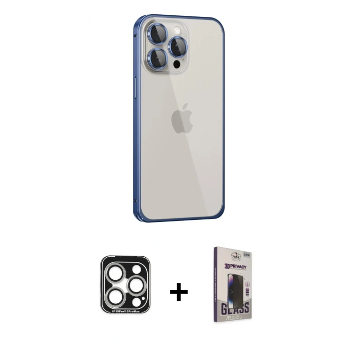 MARSİLYAN™- iPhone 15 Pro Max Kılıf Eksen Form Serisi - Siyah Bilvis Hayalet Cam Ekran Koruyucu + Gümüş PVD Metal Kamera Lens