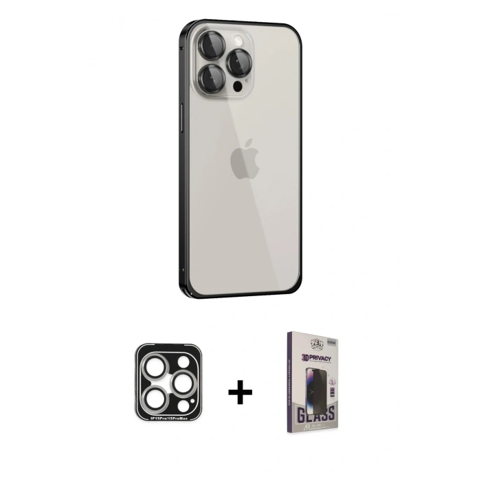 MARSİLYAN™- iPhone 15 Pro Max Kılıf Eksen Form Serisi - Siyah Bilvis Hayalet Cam Ekran Koruyucu + Gümüş PVD Metal Kamera Lens