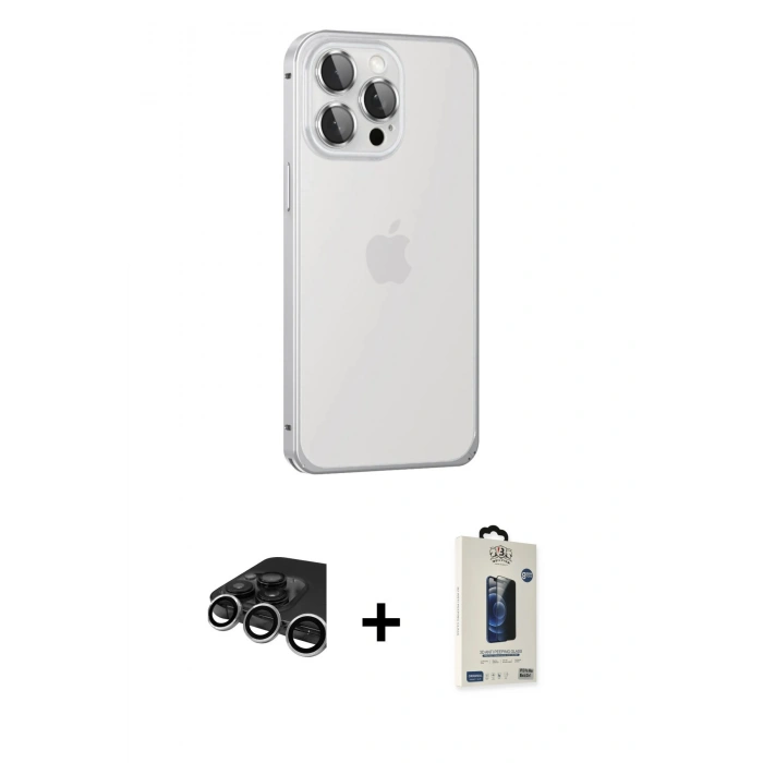 MARSİLYAN™- iPhone 15 Pro Max Kılıf Eksen Form Serisi - Siyah Bilvis Hayalet Cam Ekran Koruyucu + Raze Metal Kamera Lens - GS
