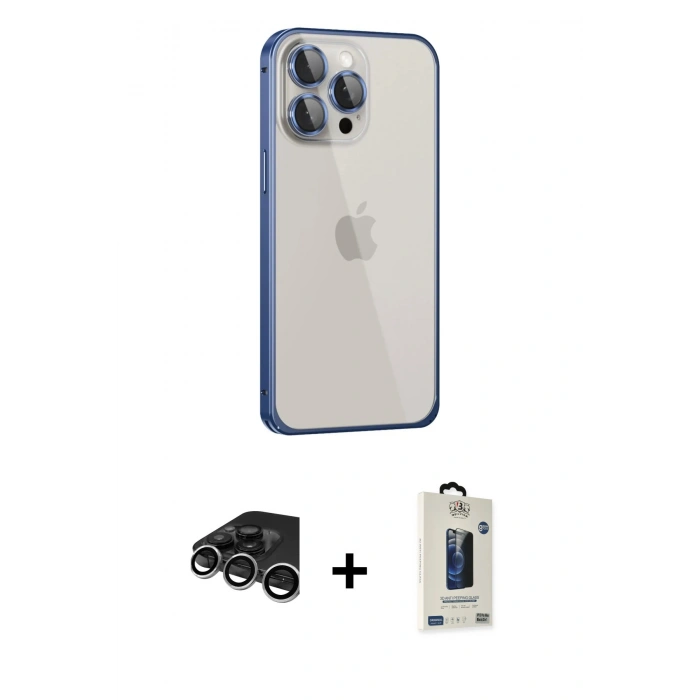 MARSİLYAN™- iPhone 15 Pro Max Kılıf Eksen Form Serisi - Siyah Bilvis Hayalet Cam Ekran Koruyucu + Raze Metal Kamera Lens - GS