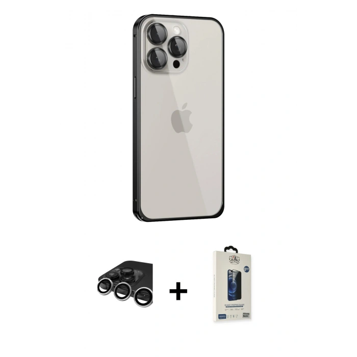 MARSİLYAN™- iPhone 15 Pro Max Kılıf Eksen Form Serisi - Siyah Bilvis Hayalet Cam Ekran Koruyucu + Raze Metal Kamera Lens - GS