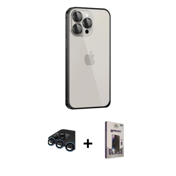 MARSİLYAN™- iPhone 15 Pro Max Kılıf Eksen Form Serisi - Siyah Bilvis Hayalet Cam Ekran Koruyucu + Lacivert Raze Metal Kamera Lens