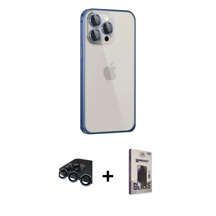 MARSİLYAN™- iPhone 15 Pro Max Kılıf Eksen Form Serisi - Siyah Bilvis Hayalet Cam Ekran Koruyucu + Lacivert Raze Metal Kamera Lens