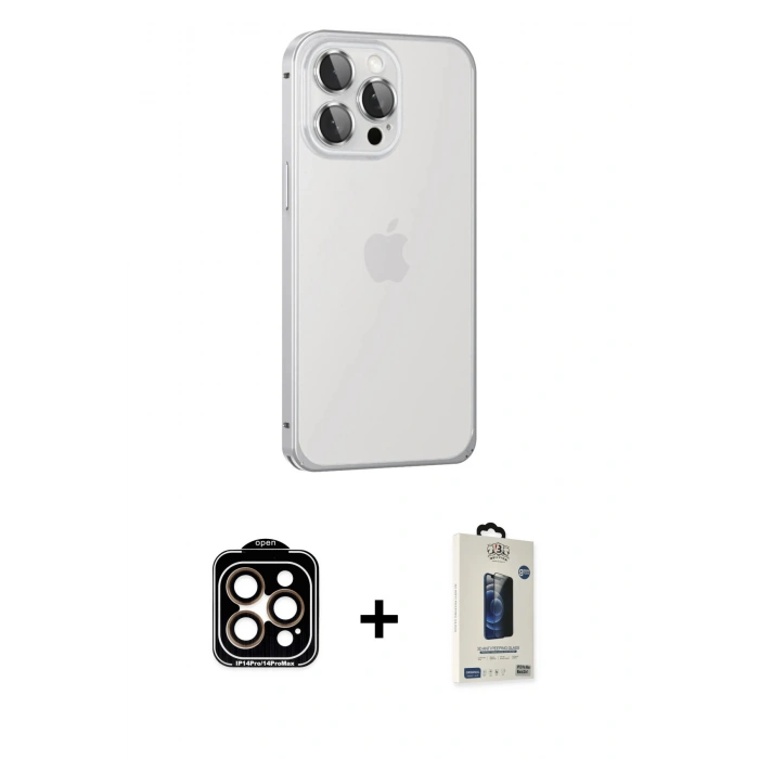 MARSİLYAN™- iPhone 15 Pro Max Kılıf Eksen Form Serisi - Siyah Bilvis Hayalet Cam Ekran Koruyucu + PVD Metal Kamera Lens - TU