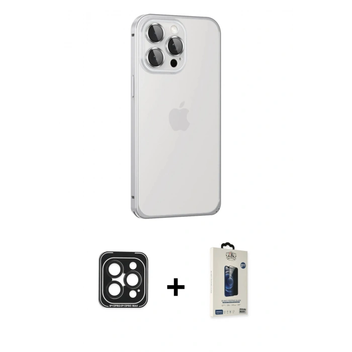 MARSİLYAN™- iPhone 15 Pro Max Kılıf Eksen Form Serisi - Siyah Bilvis Hayalet Cam Ekran Koruyucu + PVD Metal Kamera Lens - SH