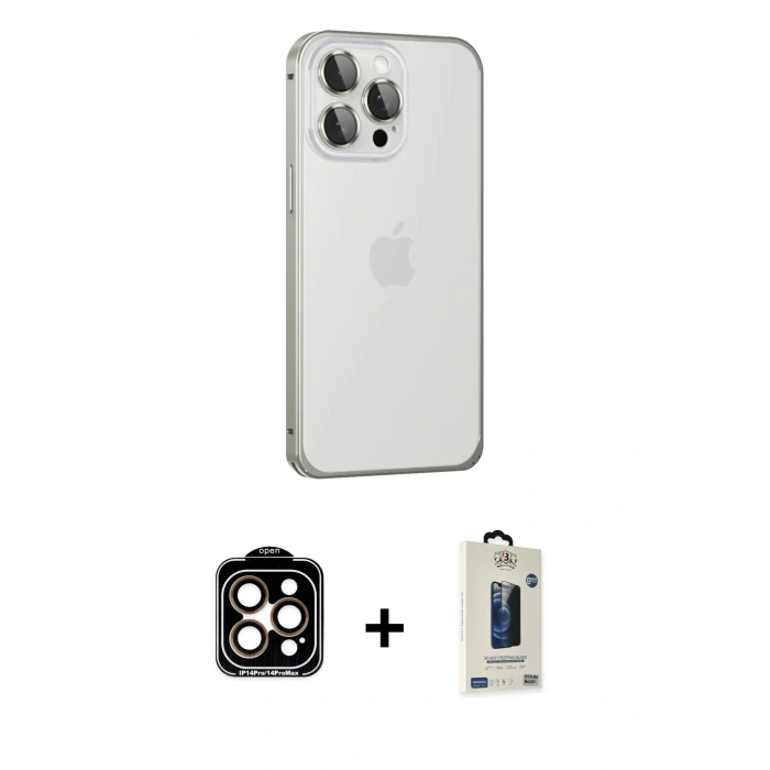 MARSİLYAN™- iPhone 15 Pro Max Kılıf Eksen Form Serisi - Siyah Bilvis Hayalet Cam Ekran Koruyucu + PVD Metal Kamera Lens - TU
