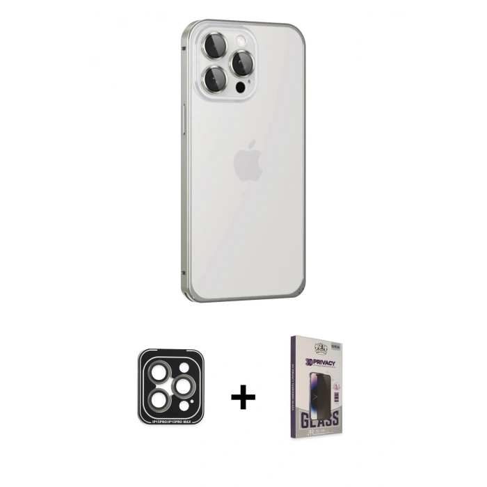 MARSİLYAN™- iPhone 15 Pro Max Kılıf Eksen Form Serisi - Siyah Bilvis Hayalet Cam Ekran Koruyucu + PVD Metal Kamera Lens - GI