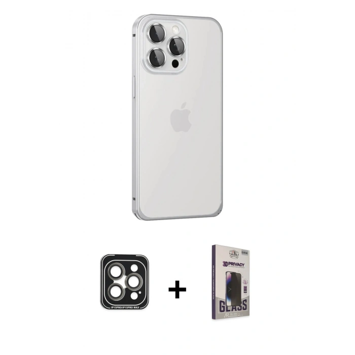 MARSİLYAN™- iPhone 15 Pro Max Kılıf Eksen Form Serisi - Siyah Bilvis Hayalet Cam Ekran Koruyucu + PVD Metal Kamera Lens - GI