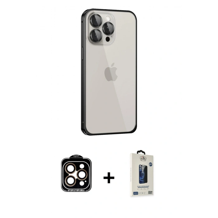 MARSİLYAN™- iPhone 15 Pro Max Kılıf Eksen Form Serisi - Siyah Bilvis Hayalet Cam Ekran Koruyucu + PVD Metal Kamera Lens - TU