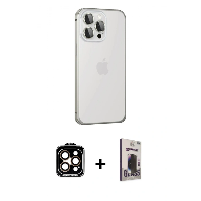 MARSİLYAN™- iPhone 15 Pro Max Kılıf Eksen Form Serisi - Siyah Bilvis Hayalet Cam Ekran Koruyucu + PVD Metal Kamera Lens - TU