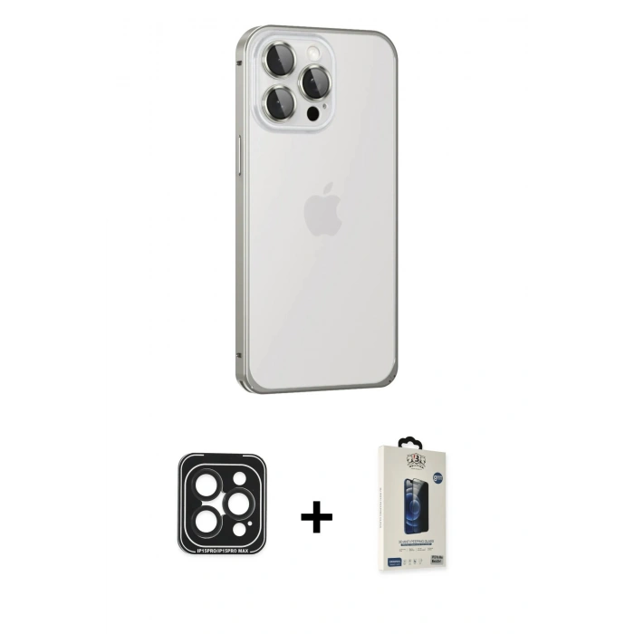 MARSİLYAN™- iPhone 15 Pro Max Kılıf Eksen Form Serisi - Siyah Bilvis Hayalet Cam Ekran Koruyucu + PVD Metal Kamera Lens - SH
