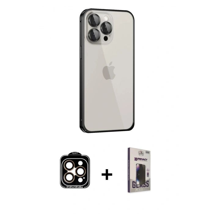 MARSİLYAN™- iPhone 15 Pro Max Kılıf Eksen Form Serisi - Siyah Bilvis Hayalet Cam Ekran Koruyucu + PVD Metal Kamera Lens - TU