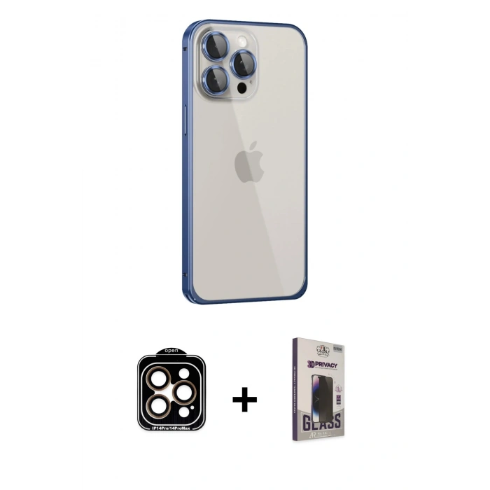 MARSİLYAN™- iPhone 15 Pro Max Kılıf Eksen Form Serisi - Siyah Bilvis Hayalet Cam Ekran Koruyucu + PVD Metal Kamera Lens - TU