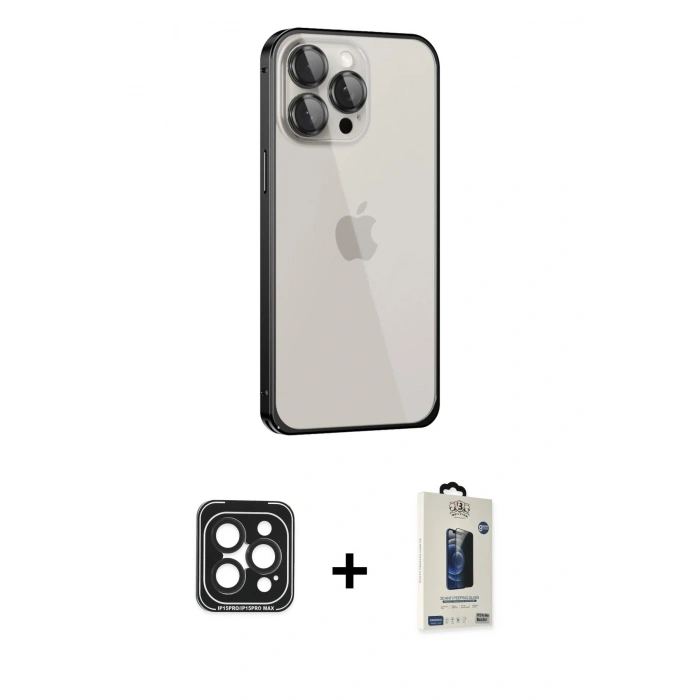MARSİLYAN™- iPhone 15 Pro Max Kılıf Eksen Form Serisi - Siyah Bilvis Hayalet Cam Ekran Koruyucu + PVD Metal Kamera Lens - SH