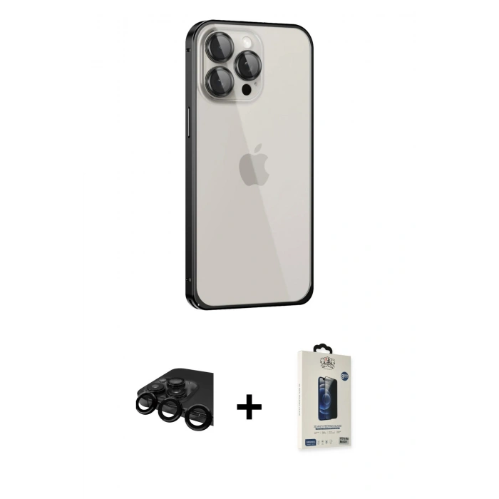 MARSİLYAN™- iPhone 15 Pro Max Kılıf Eksen Form Serisi - Siyah Bilvis Hayalet Cam Ekran Koruyucu + Raze Metal Kamera Lens - SH