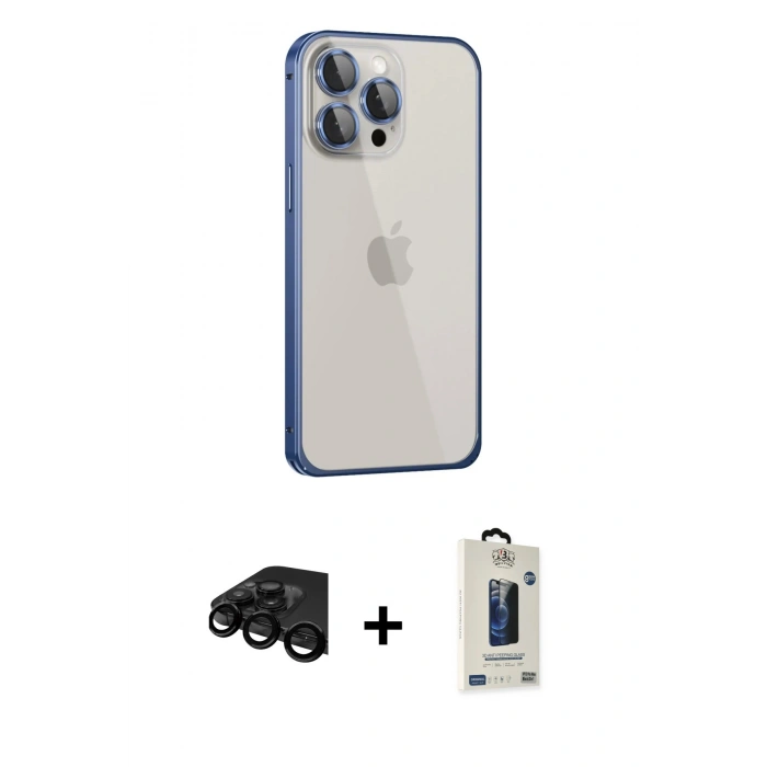 MARSİLYAN™- iPhone 15 Pro Max Kılıf Eksen Form Serisi - Siyah Bilvis Hayalet Cam Ekran Koruyucu + Raze Metal Kamera Lens - SH
