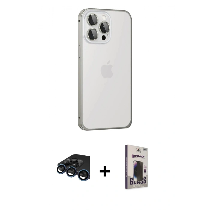 MARSİLYAN™- iPhone 15 Pro Max Kılıf Eksen Form Serisi - Siyah Bilvis Hayalet Cam Ekran Koruyucu + Raze Metal Kamera Lens - LT