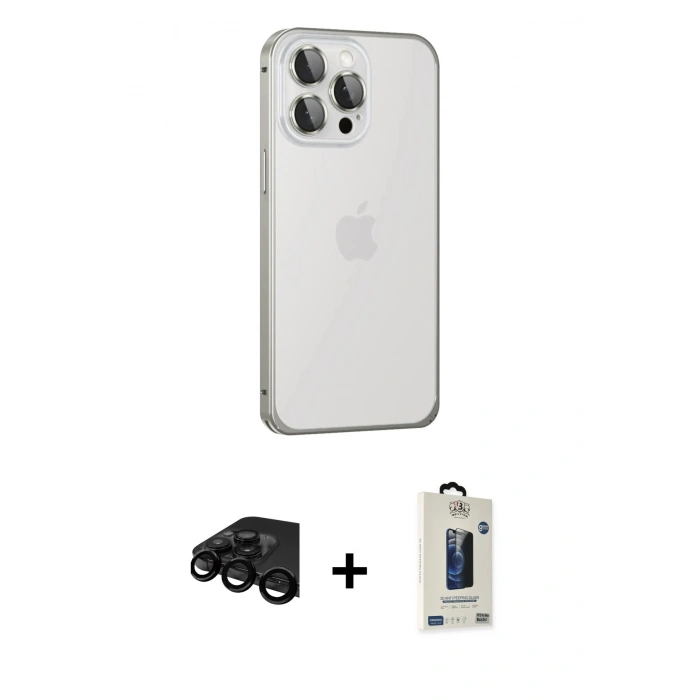 MARSİLYAN™- iPhone 15 Pro Max Kılıf Eksen Form Serisi - Siyah Bilvis Hayalet Cam Ekran Koruyucu + Raze Metal Kamera Lens - SH