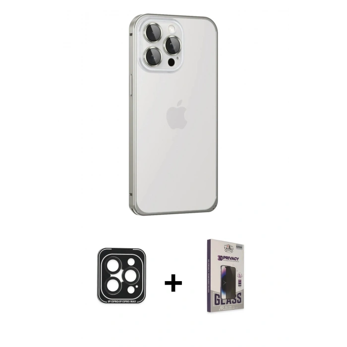 MARSİLYAN™- iPhone 15 Pro Max Kılıf Eksen Form Serisi - Siyah Bilvis Hayalet Cam Ekran Koruyucu + PVD Metal Kamera Lens - SH