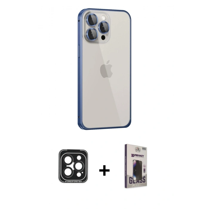 MARSİLYAN™- iPhone 15 Pro Max Kılıf Eksen Form Serisi - Siyah Bilvis Hayalet Cam Ekran Koruyucu + PVD Metal Kamera Lens - SH