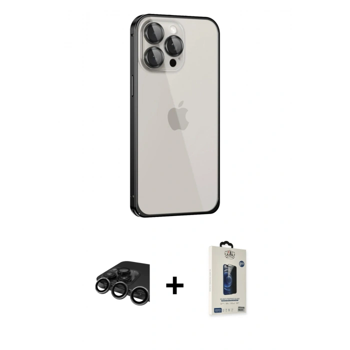 MARSİLYAN™- iPhone 15 Pro Max Kılıf Eksen Form Serisi - Siyah Bilvis Hayalet Cam Ekran Koruyucu + Raze Metal Kamera Lens - TMGI