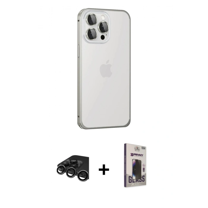 MARSİLYAN™- iPhone 15 Pro Max Kılıf Eksen Form Serisi - Siyah Bilvis Hayalet Cam Ekran Koruyucu + Titanyum Gri Raze Metal Kamera Lens
