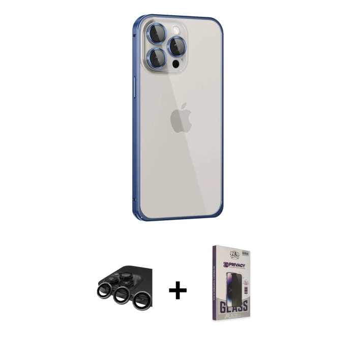 MARSİLYAN™- iPhone 15 Pro Max Kılıf Eksen Form Serisi - Siyah Bilvis Hayalet Cam Ekran Koruyucu + Titanyum Gri Raze Metal Kamera Lens