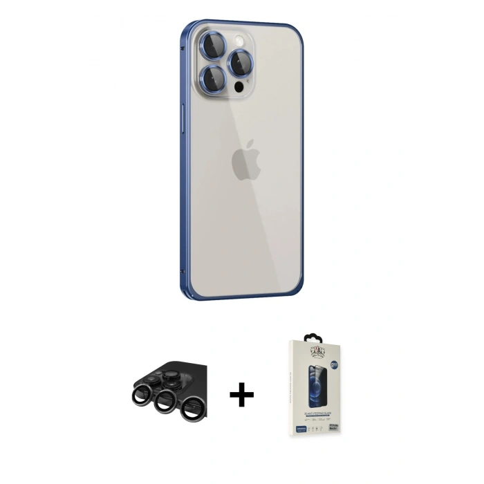 MARSİLYAN™- iPhone 15 Pro Max Kılıf Eksen Form Serisi - Siyah Bilvis Hayalet Cam Ekran Koruyucu + Raze Metal Kamera Lens - TMGI