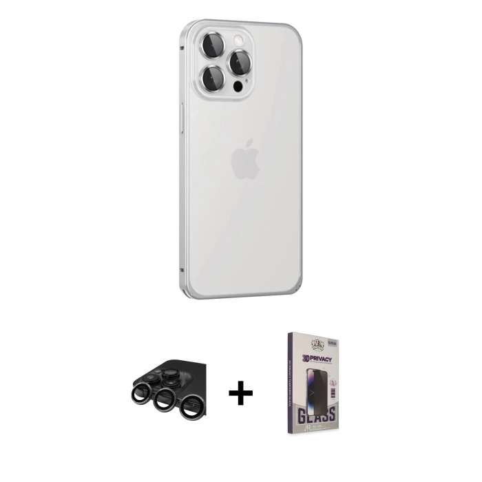 MARSİLYAN™- iPhone 15 Pro Max Kılıf Eksen Form Serisi - Siyah Bilvis Hayalet Cam Ekran Koruyucu + Titanyum Gri Raze Metal Kamera Lens
