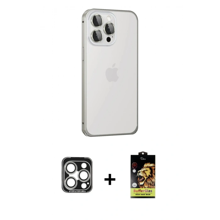 MARSİLYAN™- iPhone 15 Pro Max Kılıf Eksen Form Serisi - Siyah Buffer Cam Ekran Koruyucu + Gümüş PVD Metal Kamera Lens