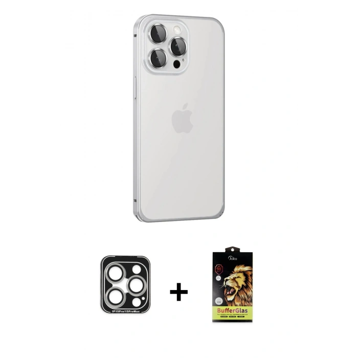 MARSİLYAN™- iPhone 15 Pro Max Kılıf Eksen Form Serisi - Siyah Buffer Cam Ekran Koruyucu + Gümüş PVD Metal Kamera Lens