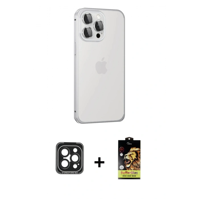 MARSİLYAN™- iPhone 15 Pro Max Kılıf Eksen Form Serisi - Siyah Buffer Cam Ekran Koruyucu + PVD Metal Kamera Lens - SH