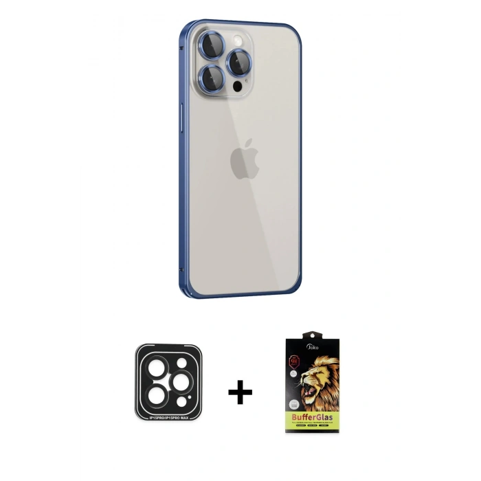 MARSİLYAN™- iPhone 15 Pro Max Kılıf Eksen Form Serisi - Siyah Buffer Cam Ekran Koruyucu + PVD Metal Kamera Lens - SH