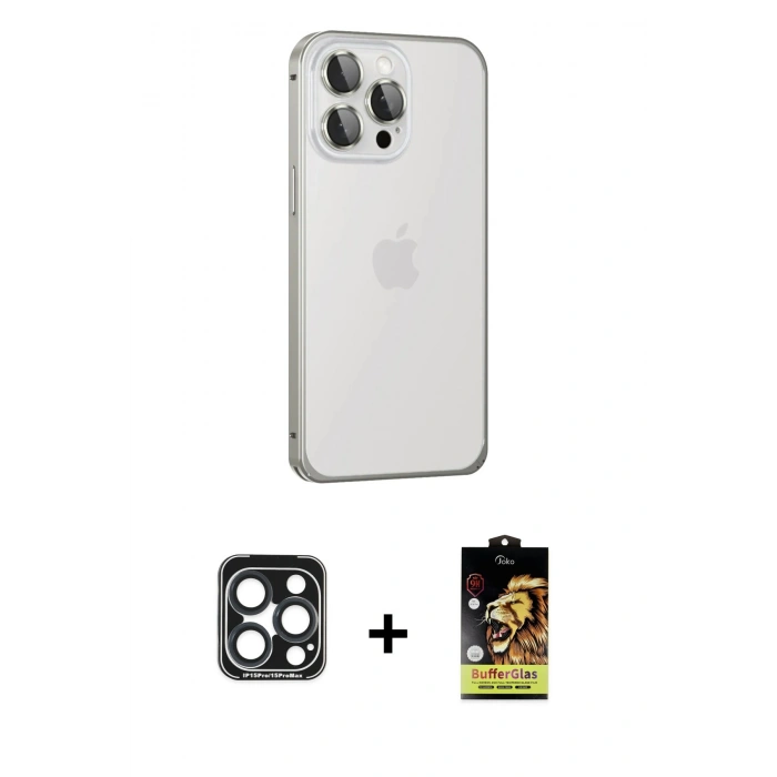 MARSİLYAN™- iPhone 15 Pro Max Kılıf Eksen Form Serisi - Siyah Buffer Cam Ekran Koruyucu + PVD Metal Kamera Lens - LT