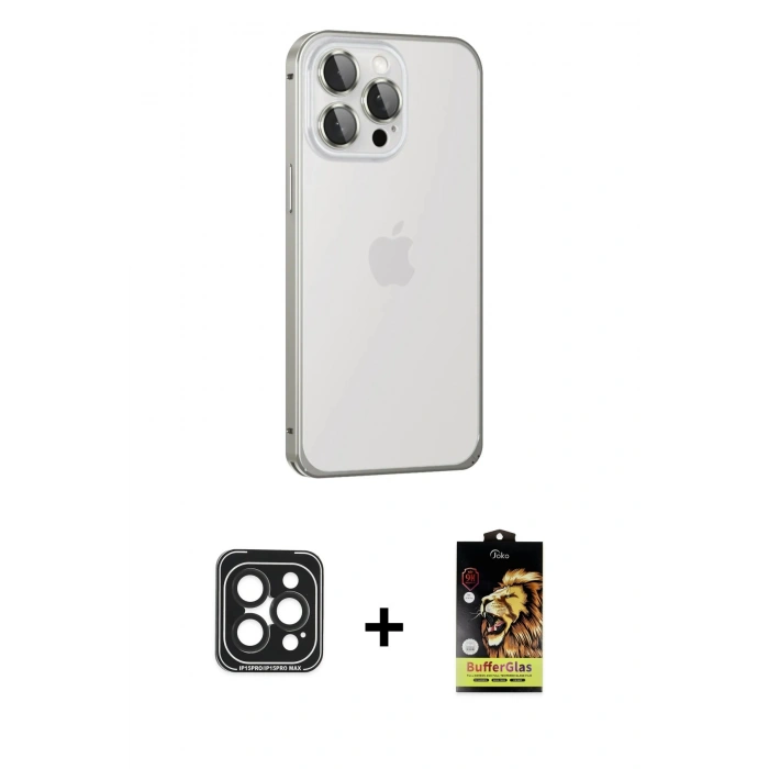 MARSİLYAN™- iPhone 15 Pro Max Kılıf Eksen Form Serisi - Siyah Buffer Cam Ekran Koruyucu + PVD Metal Kamera Lens - SH