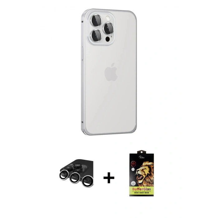 MARSİLYAN™- iPhone 15 Pro Max Kılıf Eksen Form Serisi - Siyah Buffer Cam Ekran Koruyucu + Raze Metal Kamera Lens - GS
