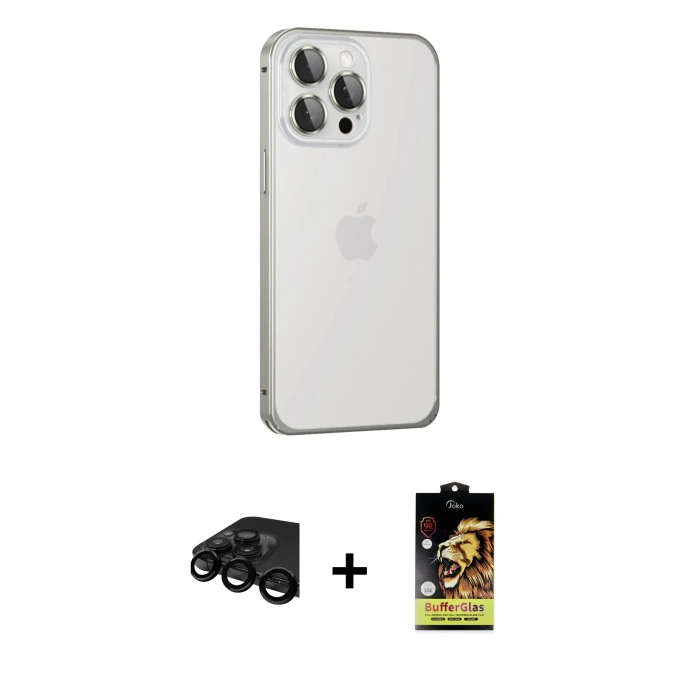 MARSİLYAN™- iPhone 15 Pro Max Kılıf Eksen Form Serisi - Siyah Buffer Cam Ekran Koruyucu + Raze Metal Kamera Lens - SH