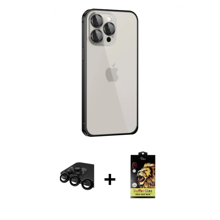 MARSİLYAN™- iPhone 15 Pro Max Kılıf Eksen Form Serisi - Siyah Buffer Cam Ekran Koruyucu + Raze Metal Kamera Lens - SH