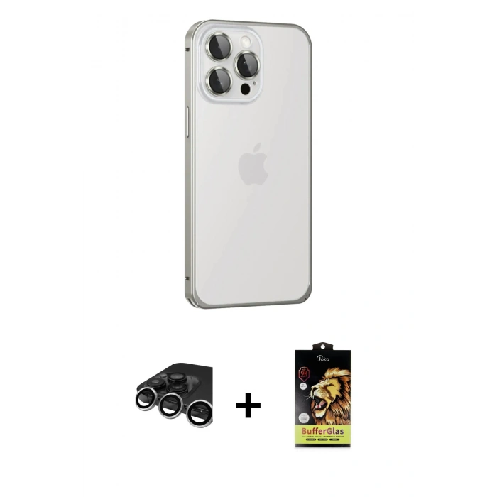 MARSİLYAN™- iPhone 15 Pro Max Kılıf Eksen Form Serisi - Siyah Buffer Cam Ekran Koruyucu + Raze Metal Kamera Lens - GS