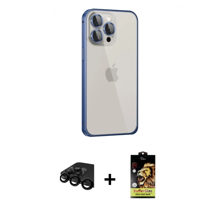 MARSİLYAN™- iPhone 15 Pro Max Kılıf Eksen Form Serisi - Siyah Buffer Cam Ekran Koruyucu + Raze Metal Kamera Lens - SH
