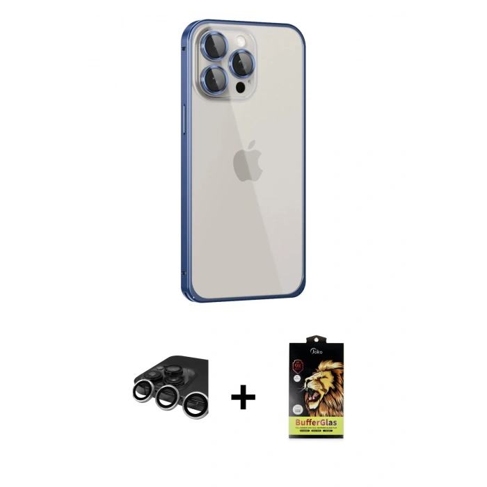 MARSİLYAN™- iPhone 15 Pro Max Kılıf Eksen Form Serisi - Siyah Buffer Cam Ekran Koruyucu + Raze Metal Kamera Lens - GS