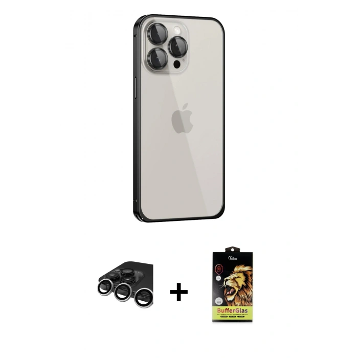 MARSİLYAN™- iPhone 15 Pro Max Kılıf Eksen Form Serisi - Siyah Buffer Cam Ekran Koruyucu + Raze Metal Kamera Lens - GS